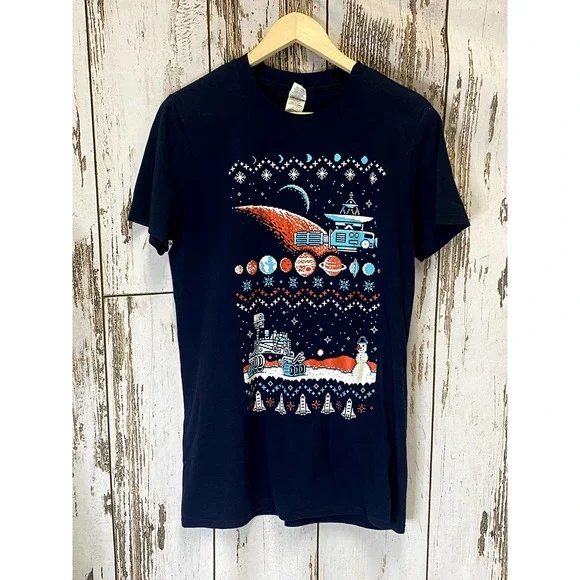 Navy Blue Digital Space Christmas Design T-shirt - Picture 1 of 4